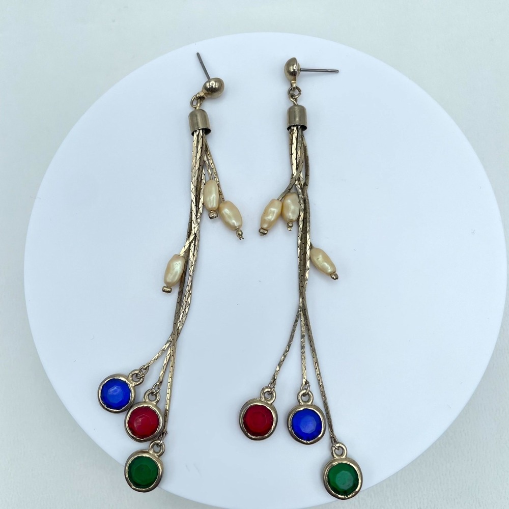 Vintage Gold-Tone Mother Of Pearl Bezel Round Stones Snake Chain Dangle Earrings